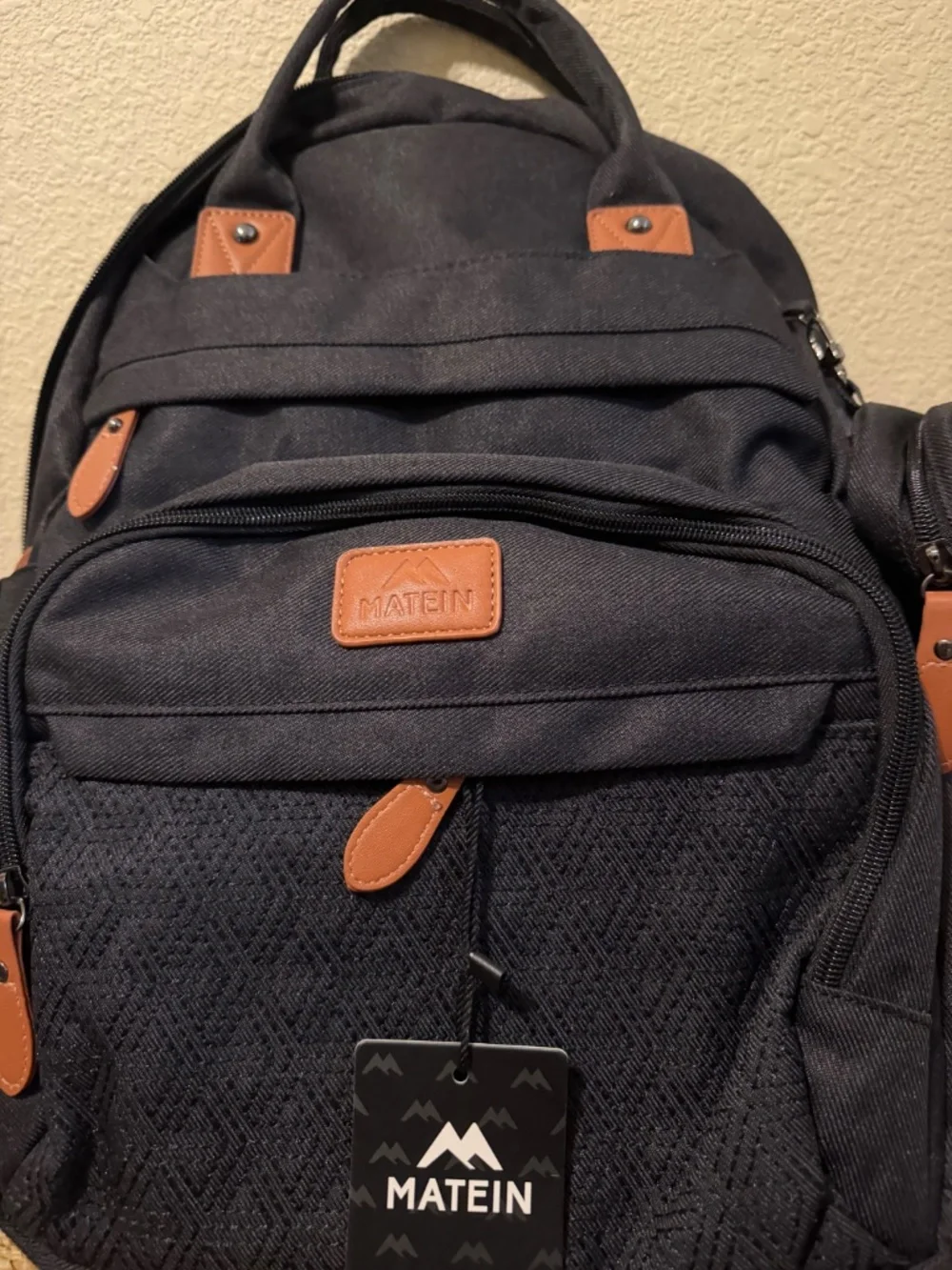 NWT Matein black backpack with brown accents (usb charger inside)